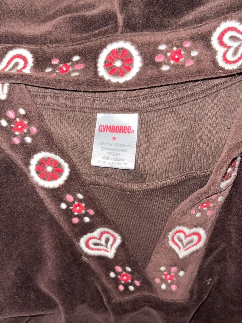 Vintage 2009 Gymboree Girls Size 9 Brown Velour Hooded Dress Embroidered Hearts